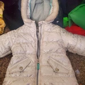 Little girls sparkling silver and white puffer